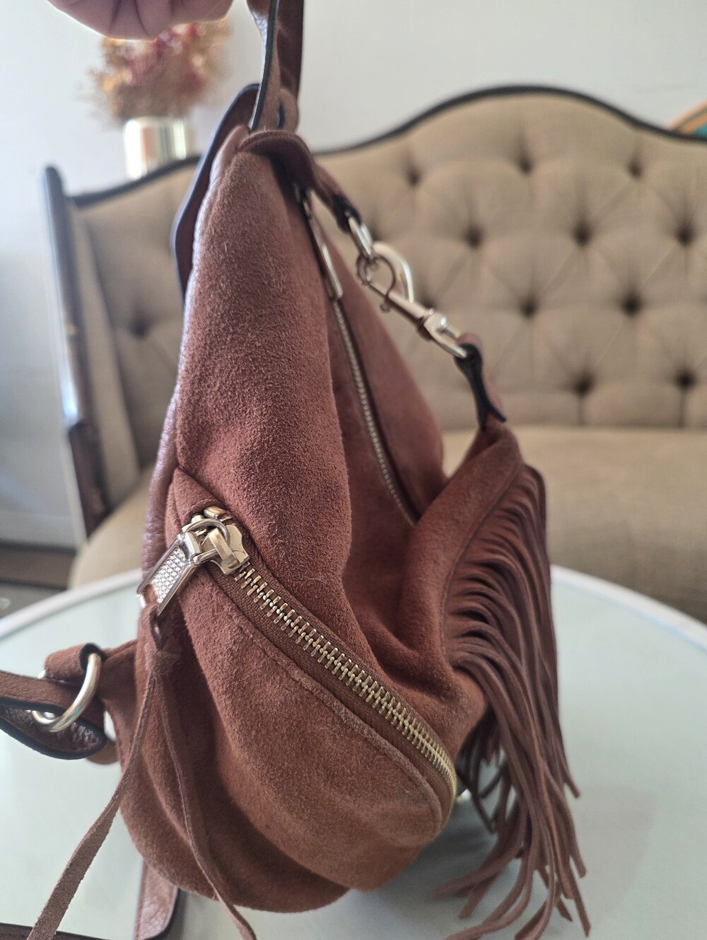$348 Rebecca Minkoff Julian Fringe Backpack Brown Suede Concert Boho - Picture 13 of 15